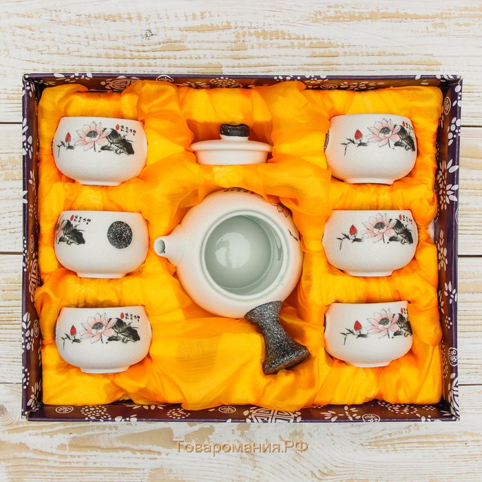 Набор для чайной церемонии керамический «Нежный цветок», 7 предметов: чайник 180 мл, 6 чашек 70 мл, цвет белый