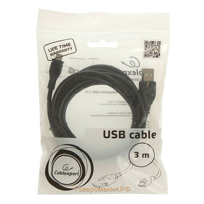 Кабель Cablexpert, microUSB - USB, 1 А, 3 м, чёрный,