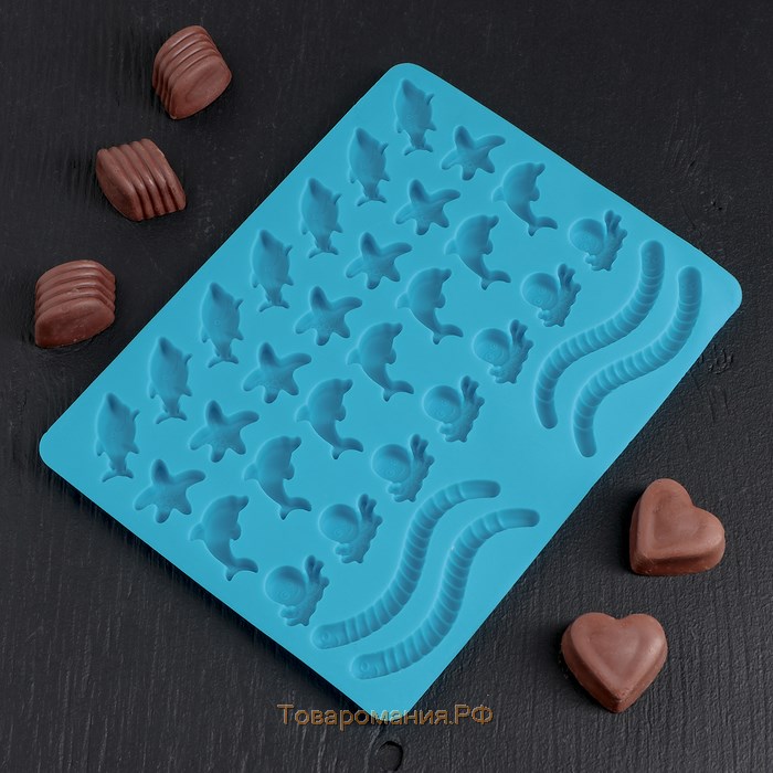 Форма для мармелада «Морские сладости», силикон, 22,3×17,2 см, 32 ячейки (2,7×2 см), цвет голубой