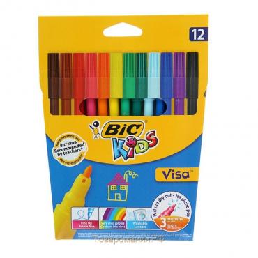 Фломастеры 12 цветов BIC Kids Visa, детские, смываемые, тонкое письмо